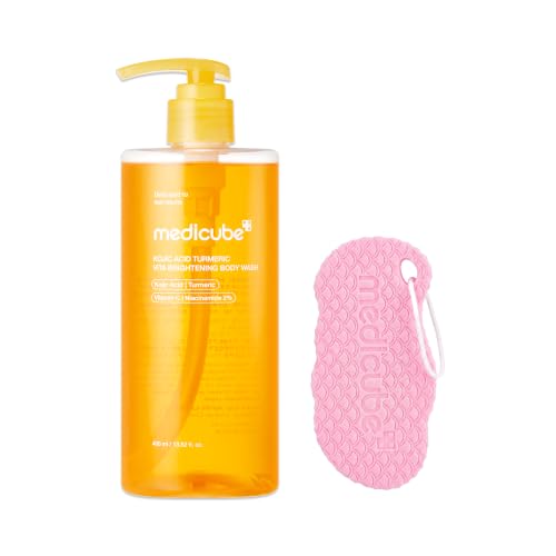 medicube Kojic Acid Brightening Shower Duo - Body Wash & Exfoliating Sponge | For gently exfoliating dead skin builup, Deep Cleansing & Hydrating with a vibrant blend of juicy orange & zesty lemon scent