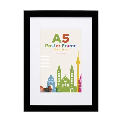A5 Picture Frame with 6x4 Mount, Wooden 14.8 x 21 cm Frames Featuring Clear Acrylic Glass for Table and Wall Mounting, Perfect for Portrait, Home, Office,Black