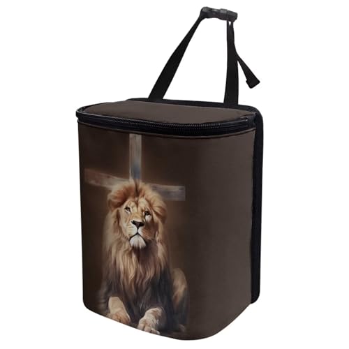 Image of Talayituse Lion Cross Print Car Trash Can with Lid, Leak Proof Auto Trash Bag Hanging Vehicle Garbage Can Multipurpose Storage Container for Back Seat Road Trip