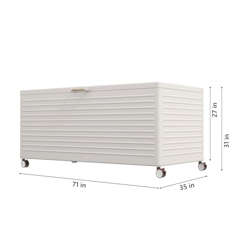 Image of MIRADOR 281 Gallon Outdoor Storage Box with Wheels & Soft-Close Lid, Waterproof Metal Deck Box for Patio Cushions, Garden Tools & Pool Accessories, Latte