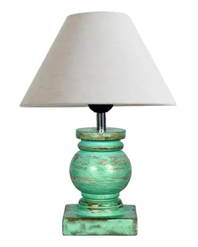 Image of Homesake Small Table Lamp with Green Wooden Base, E27 Holder Bedside Night Lamp for Bedroom Living Room, Decorative Study Desk Lamp Office, Warm Ambient Lighting for Home Decor, Gift, (Khadi)