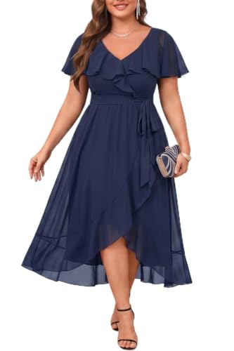 Pinup Fashion Plus Size Wedding Guest Dresses Women Navy Blue 2026 Cocktail Chiffon Ruffle High Low Long Formal Dress 18W