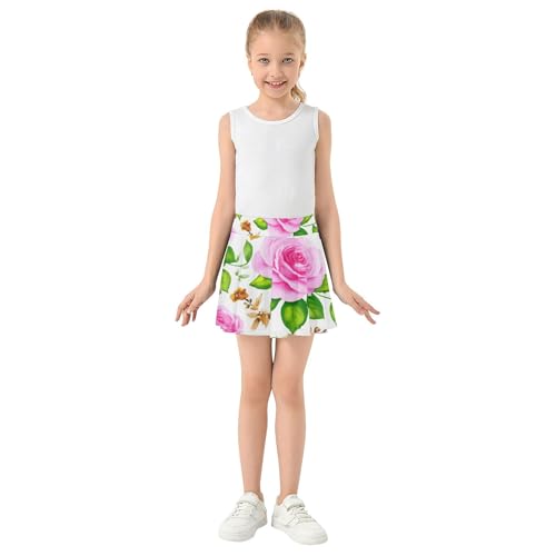 Joisal Athletic Shorts for Girls Skorts Kids Tennis Skirts Cool Pink Girl Skort Watercolor Roses Green Leaves 3t3