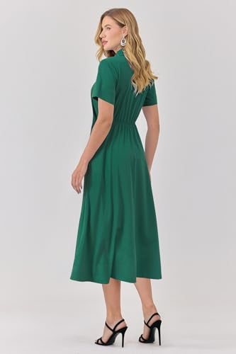 Image of Newshows Women's Work Business Casual Outfits Tie Waist Midi Shirt Dress | Lightweight & Breathable Easy-care Fabric, Side Pockets, Decent Professional Attire, Church Office Funeral Outfits