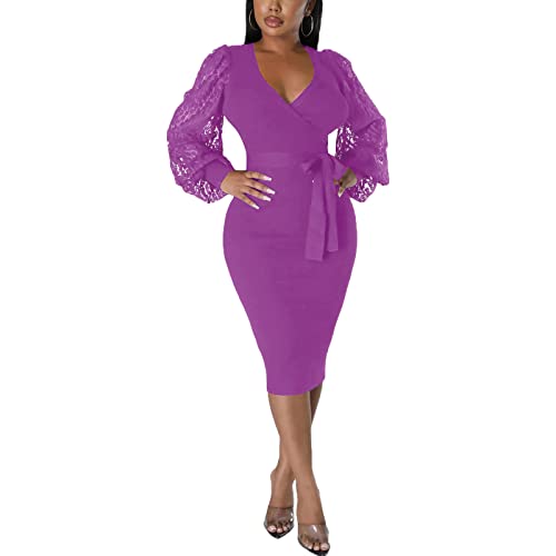 Image of BOGURST Semi Formal Church Dresses for Women Bishop Sleeve Sexy V Neck Bodycon Midi Dresses