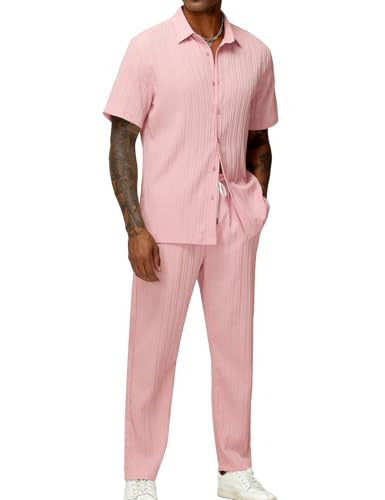 LecGee Men's 2 Piece Vertical Striped Textured Outfits Summer Casual