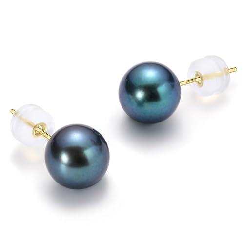 COYATE 18K Solid Gold Tahitian Black Pearl Earrings Round AAAA Pearl 7-7.5mm Hypoallergenic Earrings for Women Luxury Jewelry Gift for Women (Au750 Stamped) - Mothers Day Anniversary Birthday
