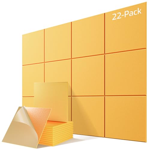 Image of 22 Pack Self-Adhesive Acoustic Panels, 12 inch X 12 inch X 0.4 inch High-Density Sound Proof Foam Panels for Walls, Soundproof Wall Panels for Home & Office (Gold)