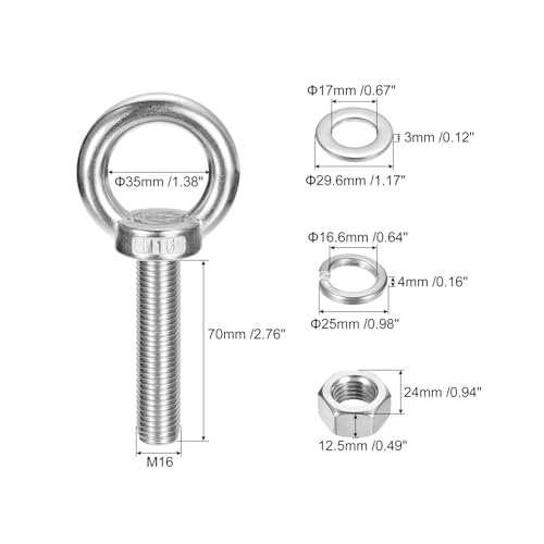 Image of uxcell Lifting Eye Bolt, 4 Sets M16 x 70mm Eye Bolt with Nut Washer 304 Stainless Steel Shoulder Lifting Ring Eye Bolt for Hanging Item