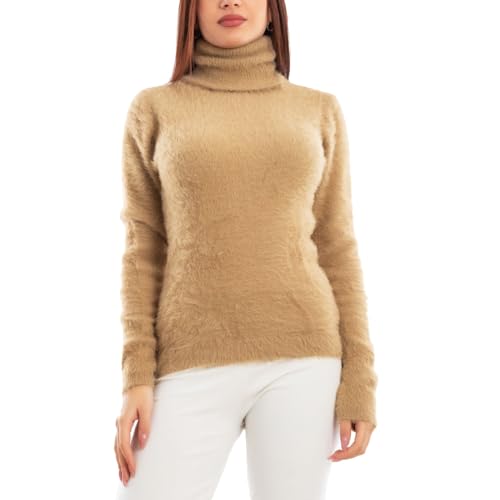 Toocool Pull Femme Col Haut Poilu Eco Fourrure Pull VI-9518, Camel, S-M
