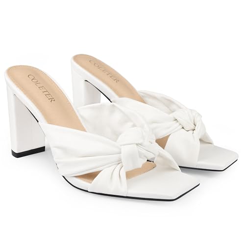 COLETER Women's Chunky Heeled Mules Bow Knot Square Toe Sandals Summer Evening Party Shoes