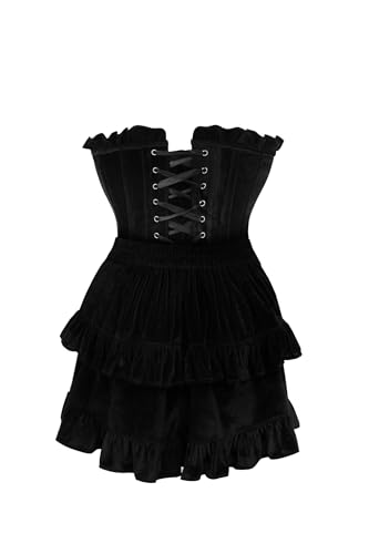 Daisy corsets Womens 2 Pc Black Velvet Steel Boned Corset & Skirt Set Bustier Dress2