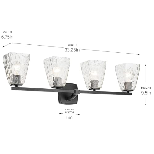 Image of Kichler Marant 4-Light Bathroom Vanity Light Fixture with Clear Water Glass in Black, Modern Wall Mount Over Mirror Lighting for Powder Room (33.25 inch x 9.5 inch x 6.75 inch), 55217BKWTR
