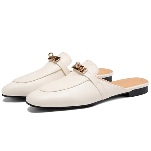 Image of Design Mules for Women, Almond Toe Slip-On Flats, Backless Loafers with Matal Buckle, Comfort Casual & Dressy Shoes