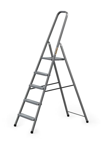DRABEST - Stehleiter - mit 5 Stufen - bis 125 kg belastbar - 1,73 m lang - Arbeitshöhe 3 m - Trittleiter, Bockleiter aus Stahl pulverbeschichtet - für Haushalt, Malerarbeiten - Grau