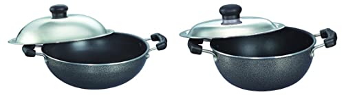 Image of Prestige Aluminium Omega Select Plus Non-Stick Flat Base Kadai with Lid, 20Cm, 2.2 Liters, Black & Omega Select Plus Non-Stick Round Base Kadai with Lid(0.9 litres 17Cm, Grey) Combo