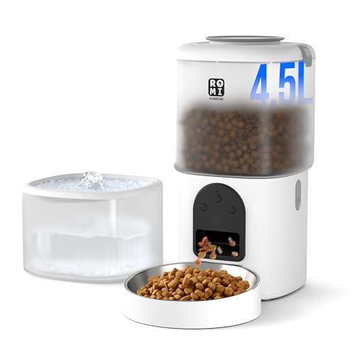 Romiromi Futterautomat Katze,2.4G & 5G WiFi,4.5L,1-10 Mahlzeiten/Tag, 1-15 Tag,Automatischer Futterspender mit Edelstahlnapf,Automatic Cat Feeder