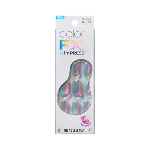 Kiss colorFX by Impress Press On Nails Fly Up 30 No Glue Peel and Stick Nails Kit with IMPROVED Adhesive Silver & Blue Short Oval Chrome Effect Includes Prep Pad Manicure Stick & Mini File
