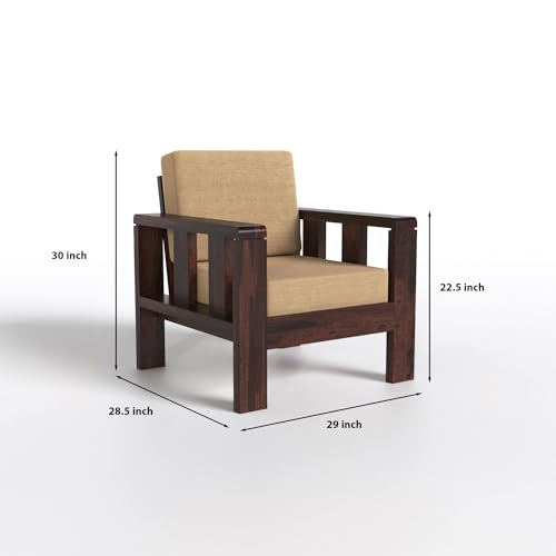 Image of Solid Wooden 1 Seater Sofa with Beige Cushion | Sheesham Wood Sofa 1 Seater, Single Seater Sofa for Living Room and Home Furniture in Walnut Finish | Sheesham Wood Sofa
