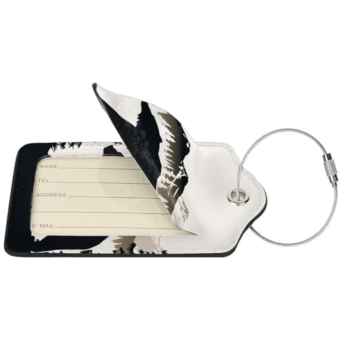 Bear and Mountain Leather Luggage Tag with Stainless Steel Ring, Fun Name Id Card Cover Travel Bag Tag Set, Suitable for Travel Bag Luggage Women Men 2 PCS4