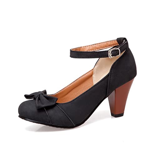 DEERBUNNY Women's Suede Block Heels Mary Jane Shoes Bowknots Ankle Strap Pumps Heeled Wedding Party Office Dress Shoes