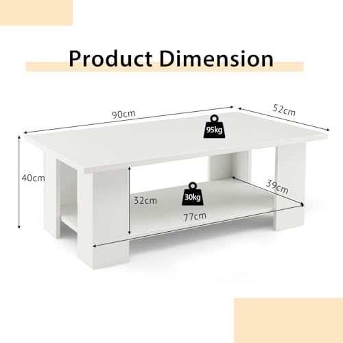 COSTWAY 2-Tier Coffee Table, Wooden Cocktail Tea Center Table with Storage Shelf and 5 Support Legs, Modern Rectangle Accent End Sofa Side Tables for Living Room Bedroom Office (White, 90x52x40cm)