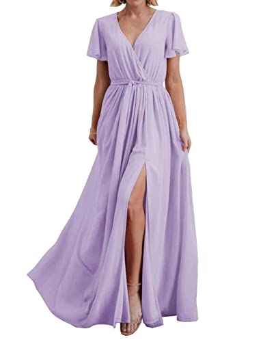 Chiffon-Wickelkleid für Brautjungfernkleid für Juniorfrauen, A-Linie, seitlich geteilt, Trauzeugin Kleider mit Gürtel, Flieder, 52