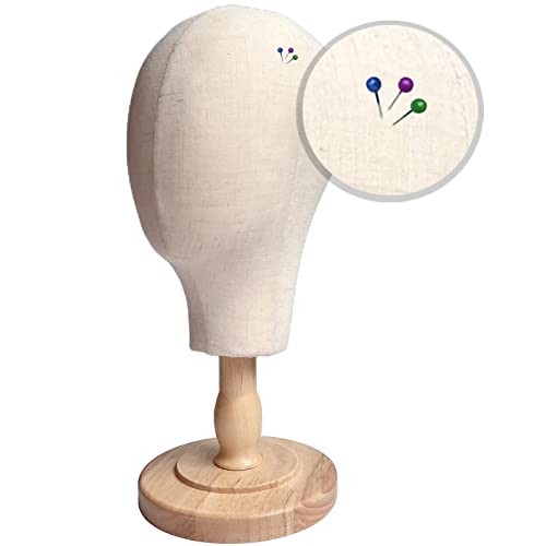 TINGSING Canvas Mannequin Head Stand 21 Inch for Hat Display Foam Wig Head with Detachable Wood Base, Pinnable Wig Hat Stand