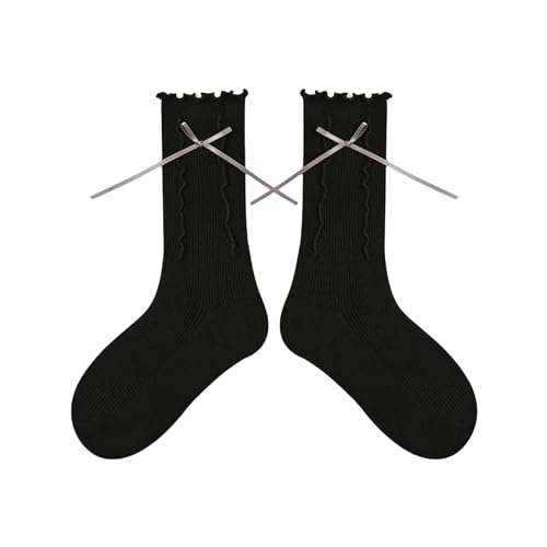 Girls Socks Crew Socks Mid-Calf Ruffed Lace Cuffs Bow Ribbed Lines Design Solid Fashion Socks for Girls 1 Pair