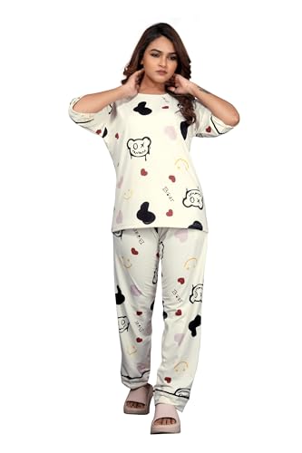 Image of Women's Pajama Set with Top & Pants|| Korean Night Wear|| Loose Fit Home Wear || Lightweight Printed Set || Soft & Comfy Girls & Women