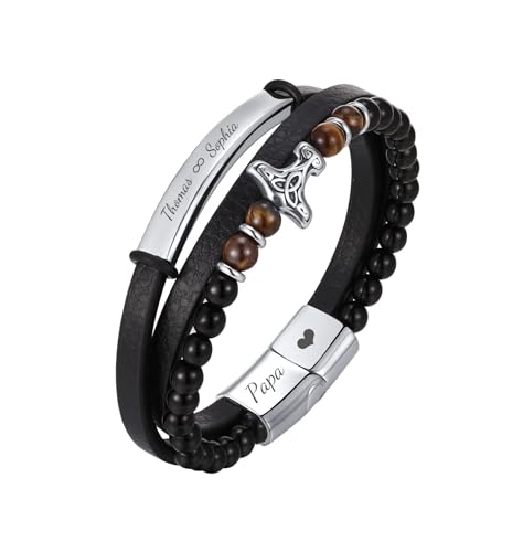 Gamtic Cadeau Papa Fête de Pères - Bracelet Papa Gourmette Homme Figaro Argent, Bracelet Cuir Personnalisé Nom Texte Message,Viking Bracelets Pierre...