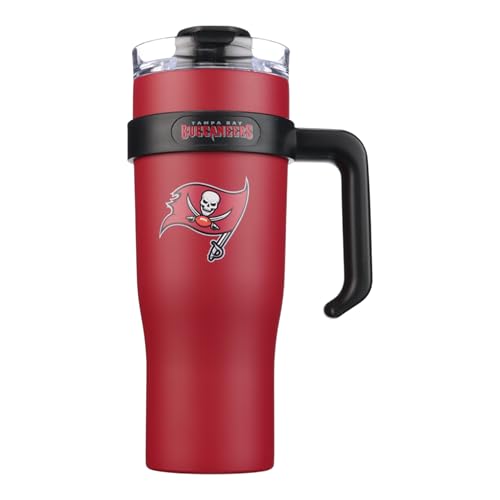 Image of The Memory Company Officially Licensed 46oz Team Color Slim Tumbler with Straw and Handle, Tampa Bay Buccaneers