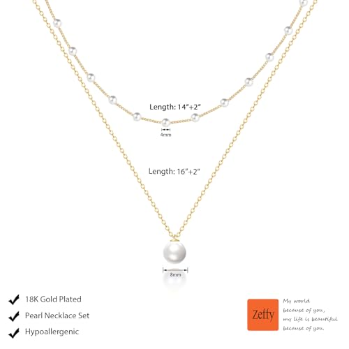 Image of Zeffy Gold Pearl Necklace for Women, Dainty 14K Gold /Silve Plated Layered Pearl Choker Pearl Earrings Pearl Bracelets Wedding Trendy Gold Jewelry Set for Women Gifts