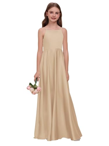 Satin Junior Bridesmaid Dress for Wedding A-Line Straps Bow Knot Flower Girl Dress Sleeveless Long Formal Events Gown