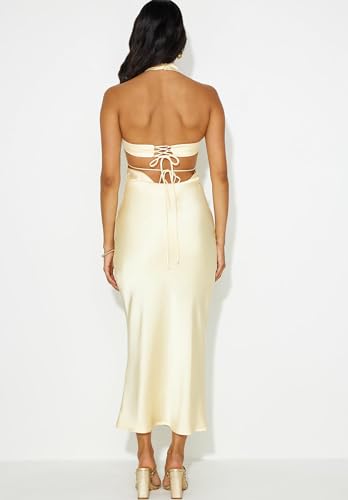 Image of Women Summer Satin Halter Neck Backless Formal Wedding Guest Maxi Dress