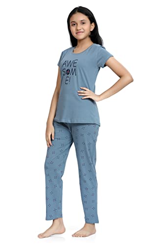 Image of Kids Night Suit for Girls - Cotton Set of Pyjama & T-Shirt Sleepwear - Lightweight & Comfortable Night Wear for Kids