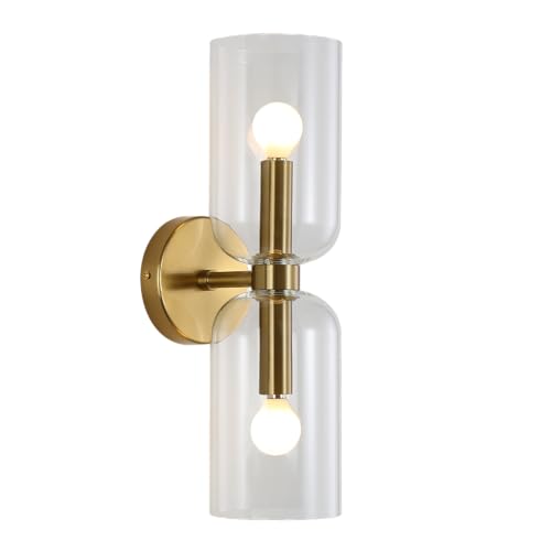 Image of EFINEHOME Minimalist 2-Light Gold Wall Sconces with Cylinder Glass Shades- Mid Century Vanity Wall Double Lights Hardwired- Modern Indoor Glass Wall Mounted Art Decor Lights (Clear, 1 Pack)