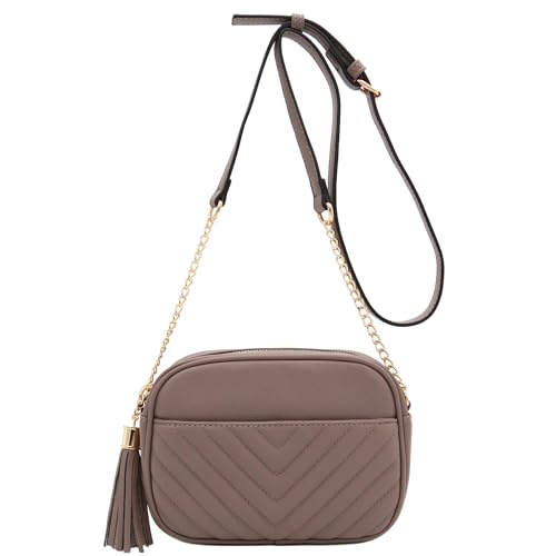 Image of FashionPuzzle Chevron Quilted Crossbody Camera Bag with Chain Strap and Tassel