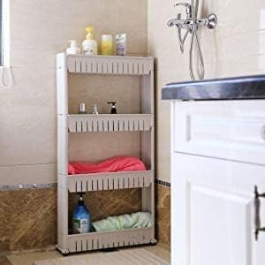 Image of GLOWICK Space Saving Slim Side Storage Organizer Rack with Wheels for Easy Movement Unbreakable Plastic Storage Rack for Kitchen Bathroom Bedroom (1Pcs) (4 Layer)