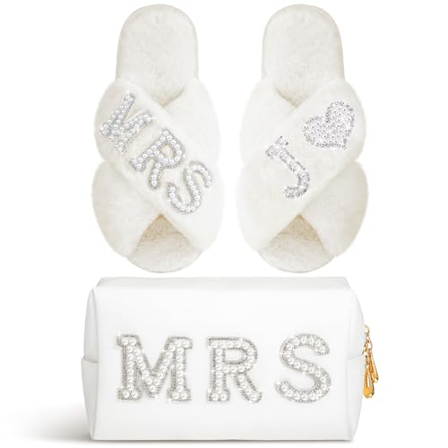 Image of Xtinmee Personalized Initial Wedding Bride Slipper Mrs Pearl Letter Makeup Bag Bachelorette Party Bridal Shower Wedding Gifts(J)