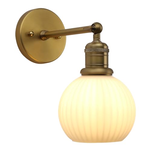 Image of Yosoan Boho Aged Brass Gold Vanity Bathroom Wall Sconce with Milk Shade, 1-Light Indoor Hardwired Wall Mounted Vintage Industrial Lights with Ribbed Round Glass Lamp for Mirror Living Room(Antique)