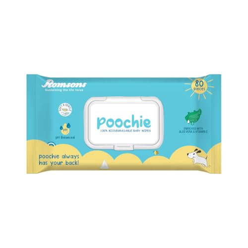 Image of Dignity Poochie 100% Biodegradable Baby Wipes Enriched with Aloe Vera and Vitamin E, 150 x 200 mm (Pack of 1) 80 Wipes