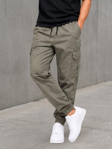 Image of Men's Cotton Cargo Pants | Cargo Trousers with Flap Buttoned Pocket | Elastic Waist Drawstring Casual Cargo Pants | Regular Fit Outdoor Travel Streetwear Bottom Wear