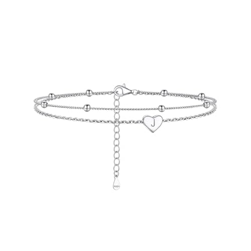 PROSILVER Women Initial Anklet Sterling Silver Heart Ankle Bracelet A-Z Letter, Adjustable Double-Layer Foot Chain for Beach Summer with Gift Box
