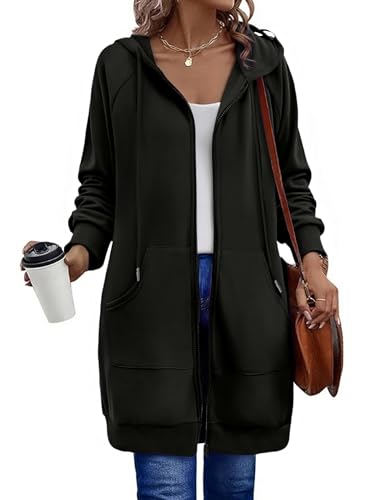 Zeagoo Women's Zip Up Hoodies Oversized Fleece Long Tunic Sweatshirts Casual Long Sleeve 2025 Fall Hoodie Jacket Coat Black
