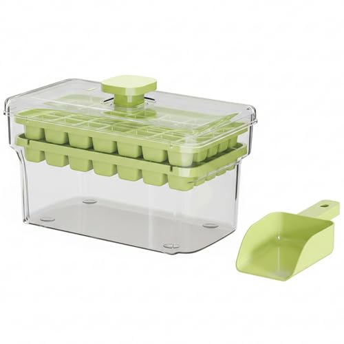 Bandeja para cubitos de hielo de 68 cavidades con tapa y recipiente de almacenamiento con liberación de un botón, para congelador, verde