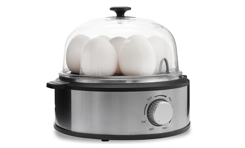 Electric Egg Cooker – Hard, Medium, Soft Boil – Cooks 7 Eggs – Stainless Steel Egg Maker with Buzzer Alarm, Poaching Tray & Omelet Bowl – Compact Countertop Breakfast Appliance