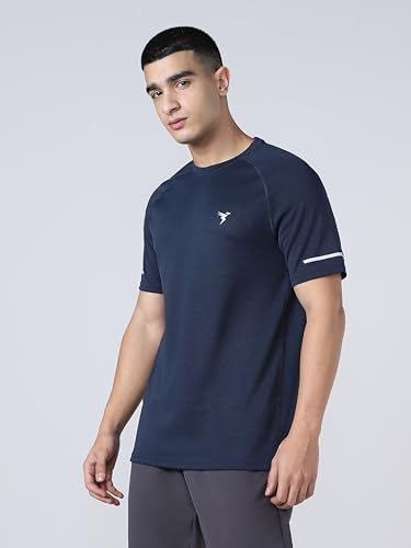 Image of TECHNOSPORT Men's Melange Slim Fit Round Neck T-Shirt Double Cool Raglan Sleeve Slip On Polyester for Gym Running Workout UPF50+ Anti Odour