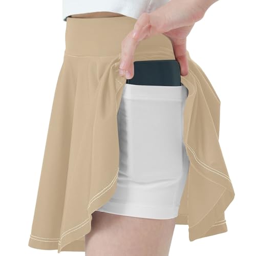 Tan Girls Tennis Skirts with Built in Shorts Flowy Skorts for Little Girl Kids Cheer Skirt with Pockets 4-12Y2