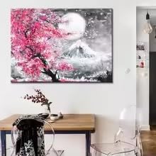 DIHANSM Skandinavische Wandkunst Japanischer Berg Fuji Kirsche Aquarell Heimdekoration (75x110cm/Galerie-Wrap)